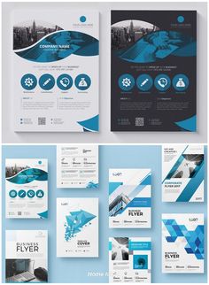 a set of brochures with blue and white shapes