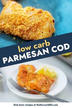 low carb parmesan chicken on a plate with lemon wedges