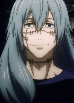 an anime character with long blue hair and piercings on his face, staring at the camera