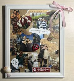 a collage of photos with flowers and pictures on it, including two women in the background