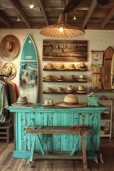 a surfboard and some hats on display in a shop