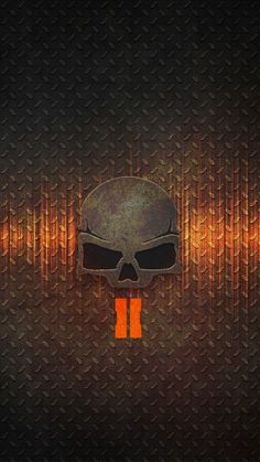 an image of a skull in the middle of a dark background with orange and black stripes