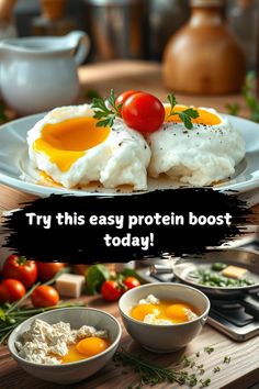 there is a plate with eggs and other food items on it, along with the words try this easy protein booster today