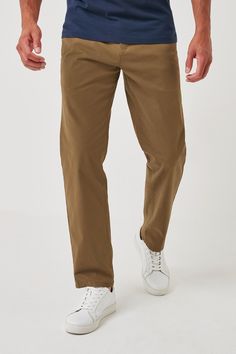 A wardrobe staple; our versatile chino trousers are made from a cotton stretch fabric for comfort and style all in one. Designed in a classic chino silhouette, they look great dressed up or down. With two functional back pockets, our variety of fits, colours and leg lengths ensure you can find your perfect match. Also available with a modern update; our elasticated waist styles offer an adjustable fit that's right for you, and our pleat chinos offer choice in an everyday classic. Machine washab… Brown Trousers Outfit, Pants For Men Casual, Brown Pants Outfit, Brown Chinos, Mens Trousers Casual, Tan Trousers, Pants Outfit Men, Chino Pants Men, Chinos Style