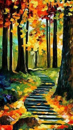 an oil painting of a path in the woods surrounded by trees with yellow and red leaves