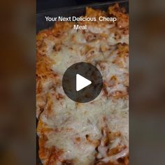 a close up of a pizza on a pan with the text your next delicious cheap meal