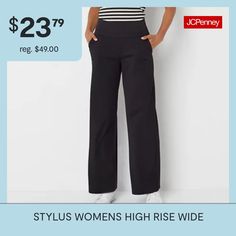 Comfort and style should be top of mind when deciding what to wear for the day, and Stylus' women's pull-on pants are perfect to complement everything in your wardrobe. This high-rise pant is crafted from soft stretch-knit and features a wide waistband for a slimming silhouette with side slant pockets for your key essentials.Front Style: Flat FrontFeatures: Stretch FabricClosure Type: Pull OnFit: Regular FitPockets: 2 Front Slip Pockets, 2 Back Faux PocketsRise: High RiseFiber Content: 83% Poly… High Rise Pants, Palazzo Pants, Wide Waistband, Pull On Pants, Stylus, High Rise, Black Pants, Wide Leg Pants, Wide Leg