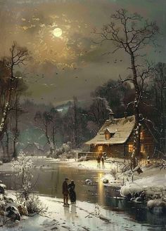 a painting of two people walking in the snow by a cabin on a lake at night