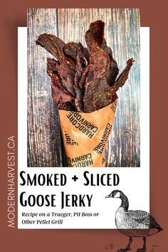 smoked and sliced goose jerk in a paper bag