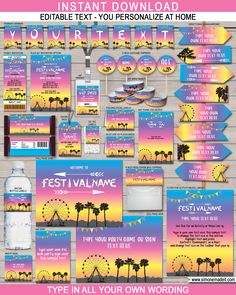 the editable flyer for an event with palm trees and ferris wheel