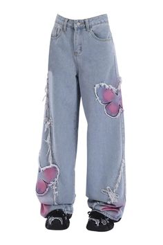 Pink Butterfly Women Jeans Y2K Aesthetic Aesthetic Bottoms, Kawaii Jeans, Cute Baggy Jeans, Butterfly Jeans, Pants Aesthetic, Butterfly Pants, Png Polyvore, 2000s Japanese Fashion, Outfit Tips