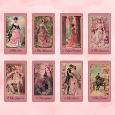 a set of nine victorian style cards with the names of different women in pinks and whites