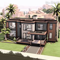 an artist's rendering of a house in the middle of palm trees and rocks