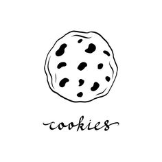 the word cookies written in black ink on a white background with an illustration of a cookie