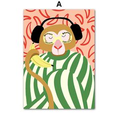 a monkey with headphones and a banana in its mouth is wearing a green striped shirt