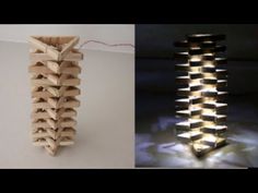 two different types of wooden sculptures with lights on them