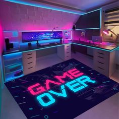 a game over rug in the middle of a room with drawers and desks on both sides