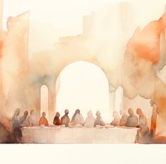 watercolor painting of people sitting at a long table