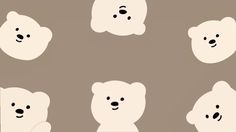 six white teddy bears with different facial expressions on their faces and body, all facing the same direction