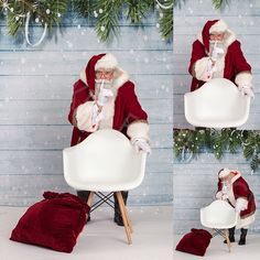 santa claus is sitting on a chair and holding a cup in one hand while the other sits down