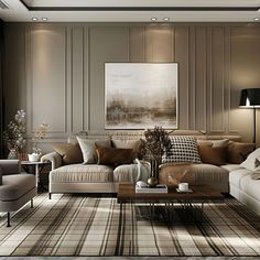 Modern cottage living room, classic look with striped and checked patterns on cushions, rugs, and upholstery, in a harmonious color palette4 Metallic Coffee Table, Modern Chic Living Room, Sectional Sofa Beige