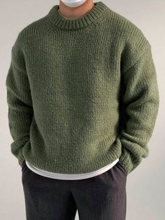 Olive Green Casual Collar Long Sleeve Knitwear Plain Pullovers Embellished High Stretch  Men Clothing Relaxed Fit Sweater For Winter, Winter Chunky Knit Long Sleeve Polo Sweater, Relaxed Fit Crew Neck Polo Sweater For Winter, Casual Knitted Polo Sweater For Cold Weather, Long Sleeve Chunky Knit Polo Sweater, Casual Chunky Knit Long Sleeve Polo Sweater, Chunky Knit Long Sleeve Polo Sweater, Casual Green Sweater For Cold Weather, Casual Chunky Knit Polo Sweater For Winter