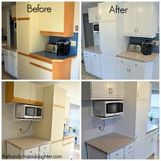 before and after pictures of a kitchen with white cabinets, counter tops, microwave ovens and sink