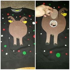 a person is making a reindeer sweater out of an ugly sweatshirt with circles on it