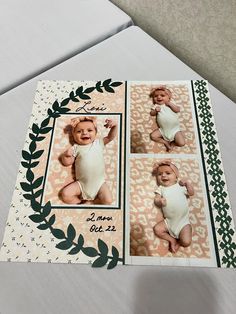 an image of a baby's first birthday card with photos and leaves on it