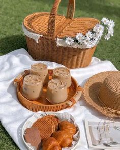 there is a picnic set out on the grass with drinks and snacks in front of it