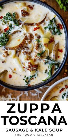 two bowls of zuppa toscana soup with cheese and kale on the side