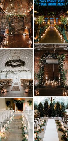 the inside of a wedding venue with candles and greenery