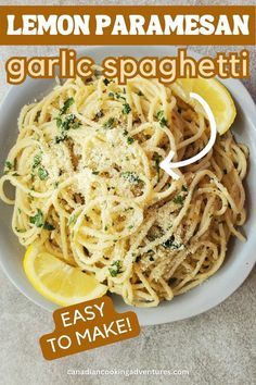 Lemon Parmesan Garlic Spaghetti Good Pasta, Garlic Spaghetti, Shrimp Dinner, Lemon Butter Sauce, Pasta Dinners, Fish Dinner, Steak Dinner