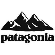 the logo for patagonia is shown in black and white, with mountains behind it