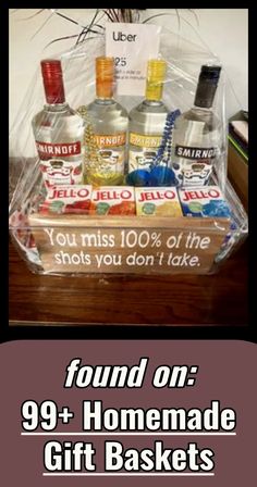 the gift basket is filled with liquor bottles and other items to give as gifts for someone's birthday