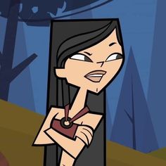 a cartoon girl with an evil look on her face and arm, standing in front of a forest