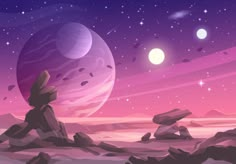 an alien landscape with rocks and planets in the background