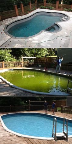 an above ground swimming pool is shown in two different pictures, and the same one has been cleaned