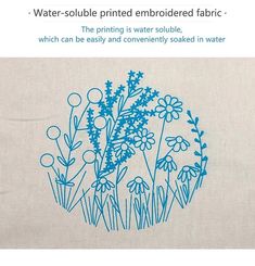 a screen shot of an embroidered fabric with blue flowers and plants in the center, which reads water - soluble printed embroideryed embroided fabric