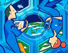 a painting of two people looking at the earth through a space station window, with an astronaut in the background