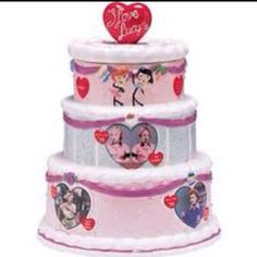 a three tiered cake with pictures on it and a heart above the top that says mom's love