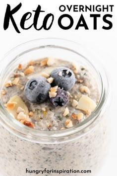 blueberry overnight oatmeal in a glass jar with text overlay reading low carb overnight oats