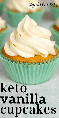 the cover of keto vanilla cupcakes with frosting on top is shown