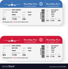 two airline boarding pass tickets with barcodes on the front and back side illustration