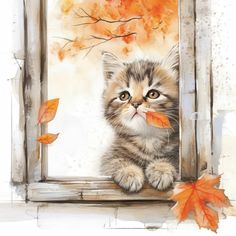 a painting of a kitten sitting on a window sill with autumn leaves around it