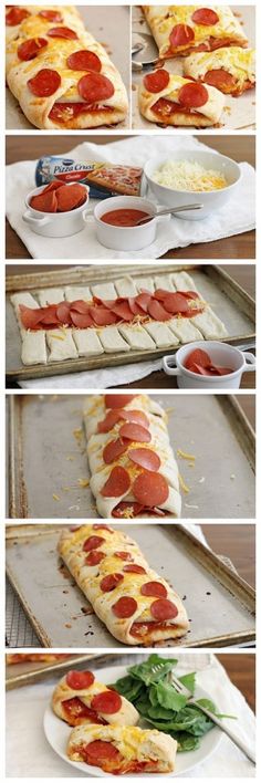 four pictures showing how to make a pizza roll with pepperoni, cheese and sauce