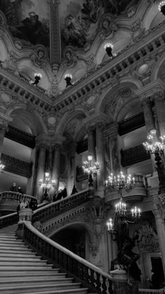 an ornate staircase with chandeliers and paintings on the walls in black and white