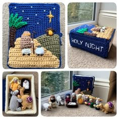 crocheted nativity items displayed on carpet next to window