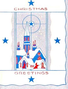 a christmas card with an image of a church in the background and stars around it