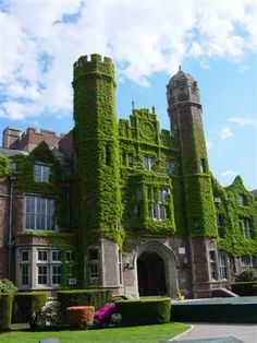 an old building with ivy growing on it